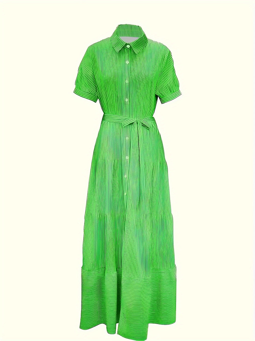 [1pc Striped Tunic Dress Vacation] 1pc FD492 Summer Vacation Style Striped Tunic Dress, Polyester 95% Elastane 5%, Lapel Collar with Belt Detail, Woven Midi Length for Adults