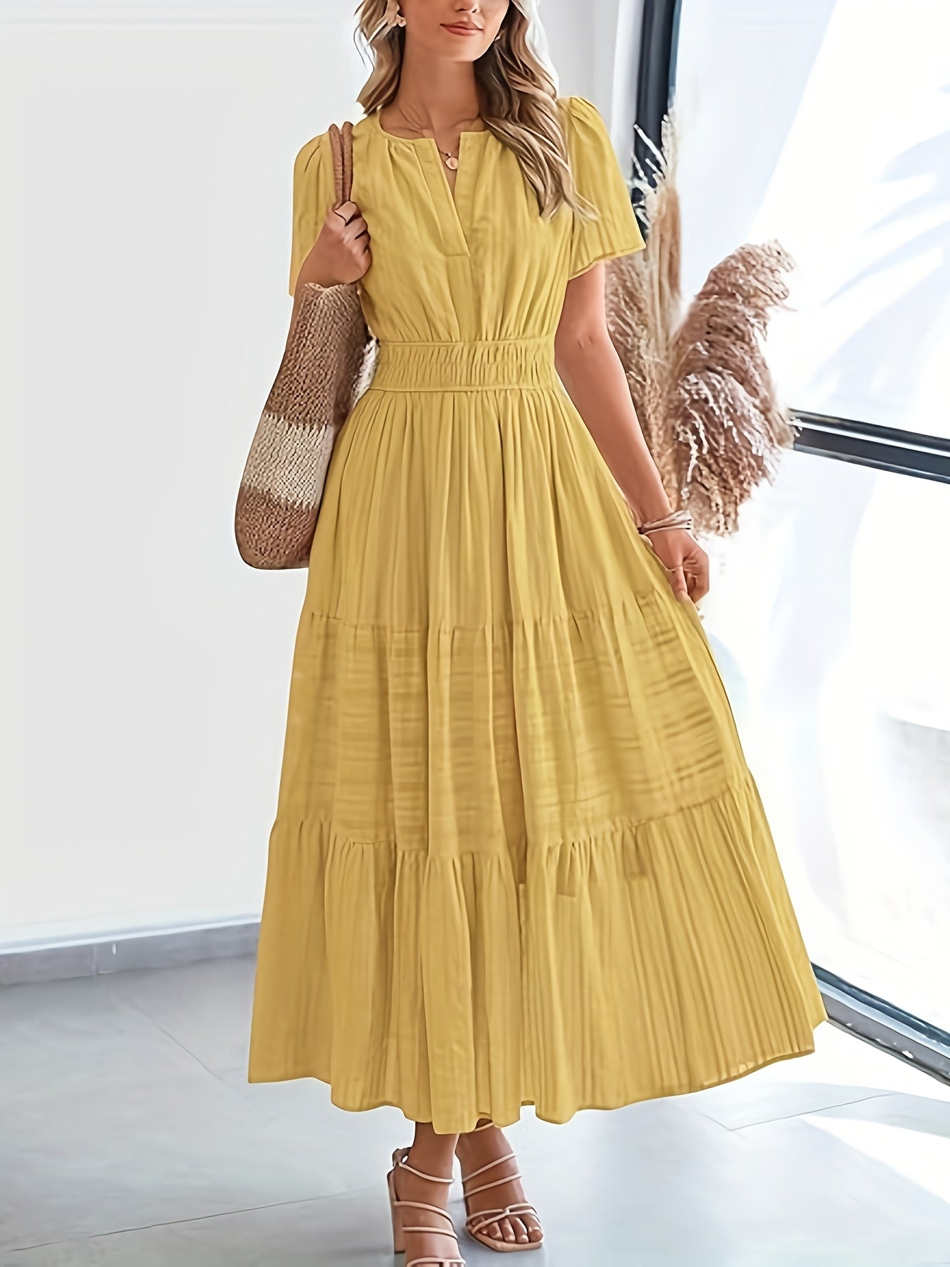 Elegant Navy Blue V-Neck Pleated Maxi Dress for Women - Summer Fashion with Ruffled Hem, Short Sleeves, and Cinched Waist, Polyester Fabric, Machine Washable, Cute Dress