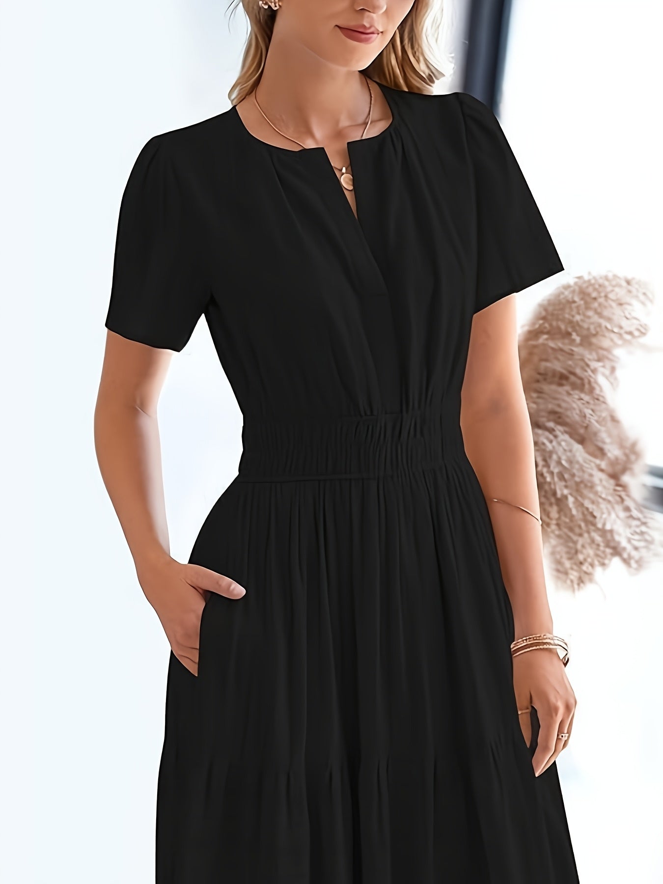 Elegant Navy Blue V-Neck Pleated Maxi Dress for Women - Summer Fashion with Ruffled Hem, Short Sleeves, and Cinched Waist, Polyester Fabric, Machine Washable, Cute Dress