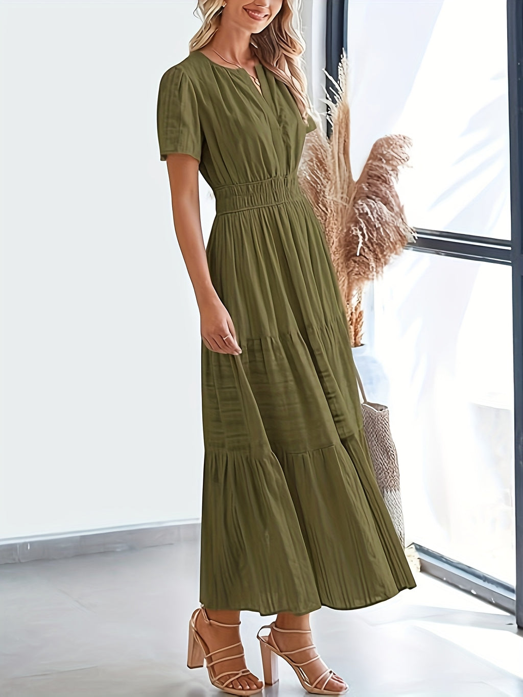 Elegant Navy Blue V-Neck Pleated Maxi Dress for Women - Summer Fashion with Ruffled Hem, Short Sleeves, and Cinched Waist, Polyester Fabric, Machine Washable, Cute Dress