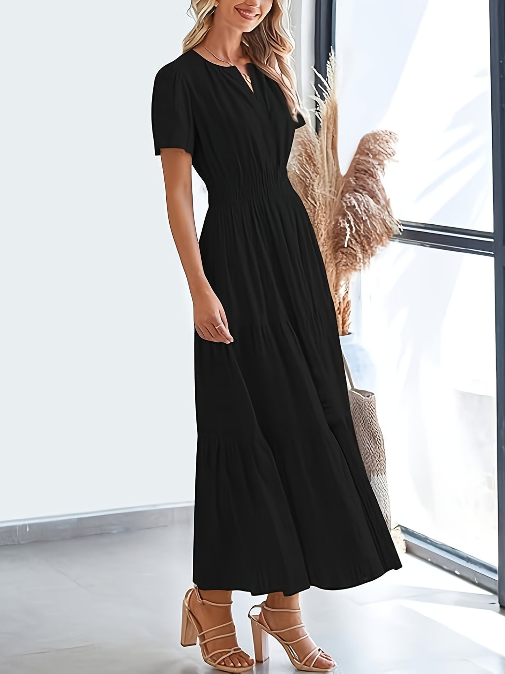 Elegant Navy Blue V-Neck Pleated Maxi Dress for Women - Summer Fashion with Ruffled Hem, Short Sleeves, and Cinched Waist, Polyester Fabric, Machine Washable, Cute Dress