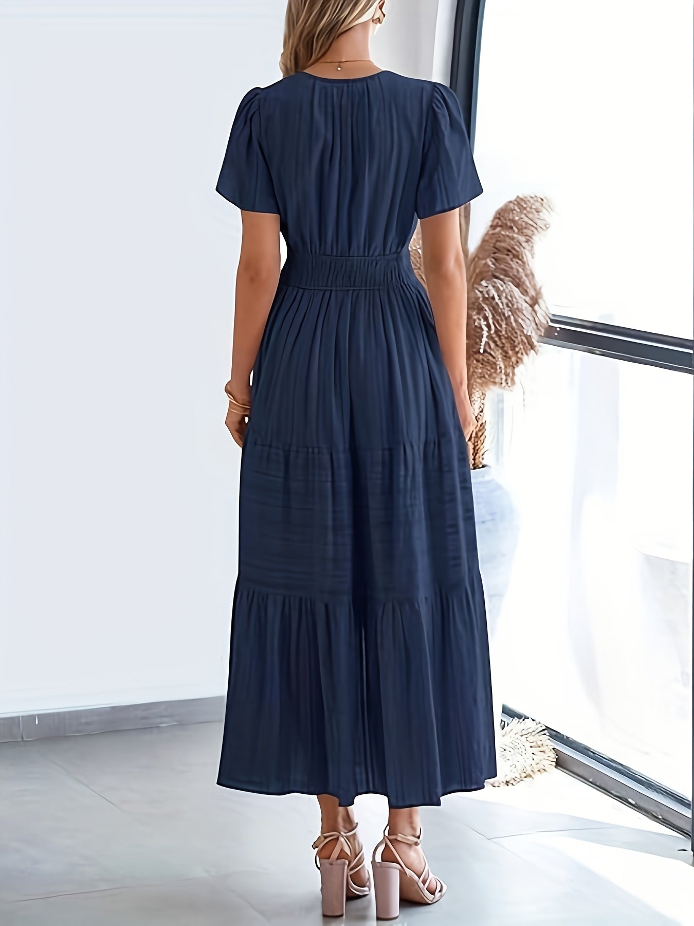 Elegant Navy Blue V-Neck Pleated Maxi Dress for Women - Summer Fashion with Ruffled Hem, Short Sleeves, and Cinched Waist, Polyester Fabric, Machine Washable, Cute Dress