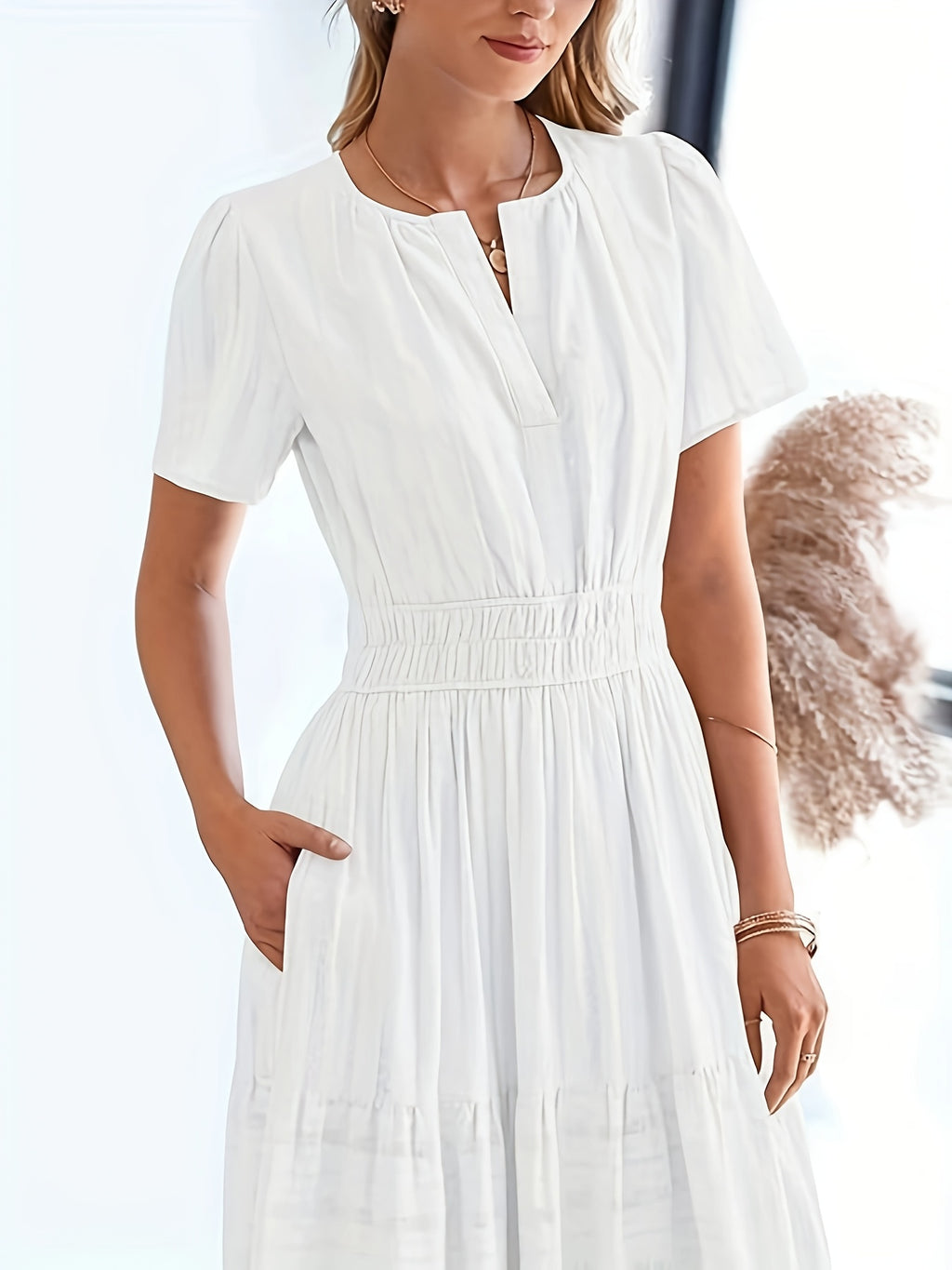 Elegant Navy Blue V-Neck Pleated Maxi Dress for Women - Summer Fashion with Ruffled Hem, Short Sleeves, and Cinched Waist, Polyester Fabric, Machine Washable, Cute Dress