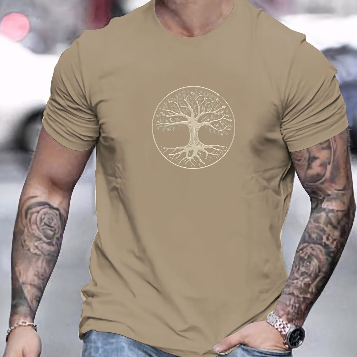 Camiseta masculina minimalista com estampa de árvore - preta e dourada, camiseta de verão respirável para uso diário e formal