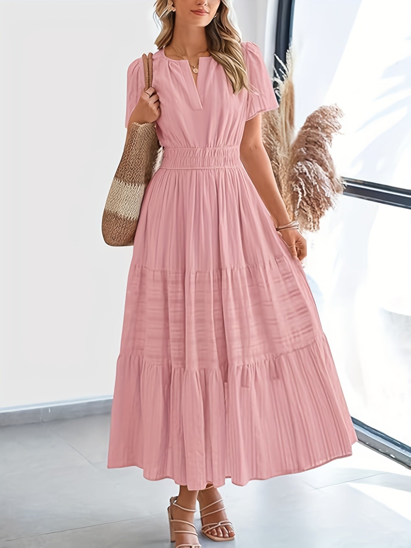 Elegant Navy Blue V-Neck Pleated Maxi Dress for Women - Summer Fashion with Ruffled Hem, Short Sleeves, and Cinched Waist, Polyester Fabric, Machine Washable, Cute Dress