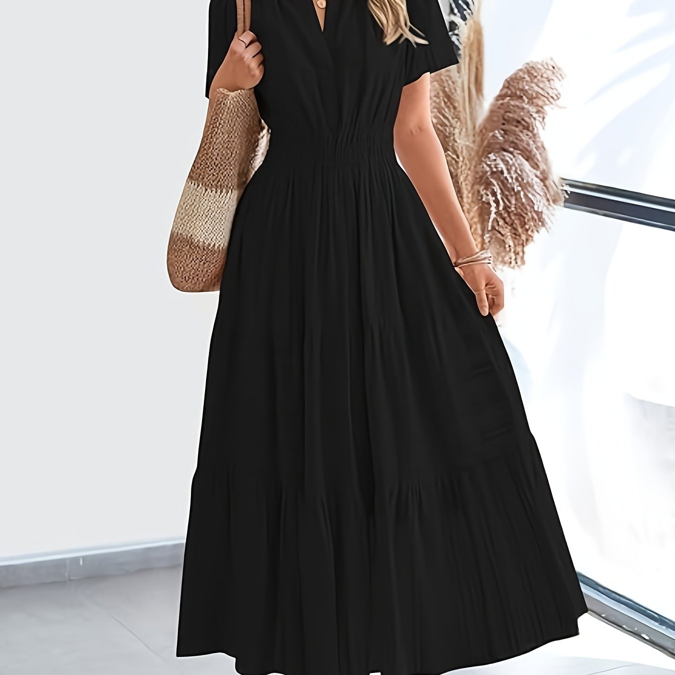 Elegant Navy Blue V-Neck Pleated Maxi Dress for Women - Summer Fashion with Ruffled Hem, Short Sleeves, and Cinched Waist, Polyester Fabric, Machine Washable, Cute Dress