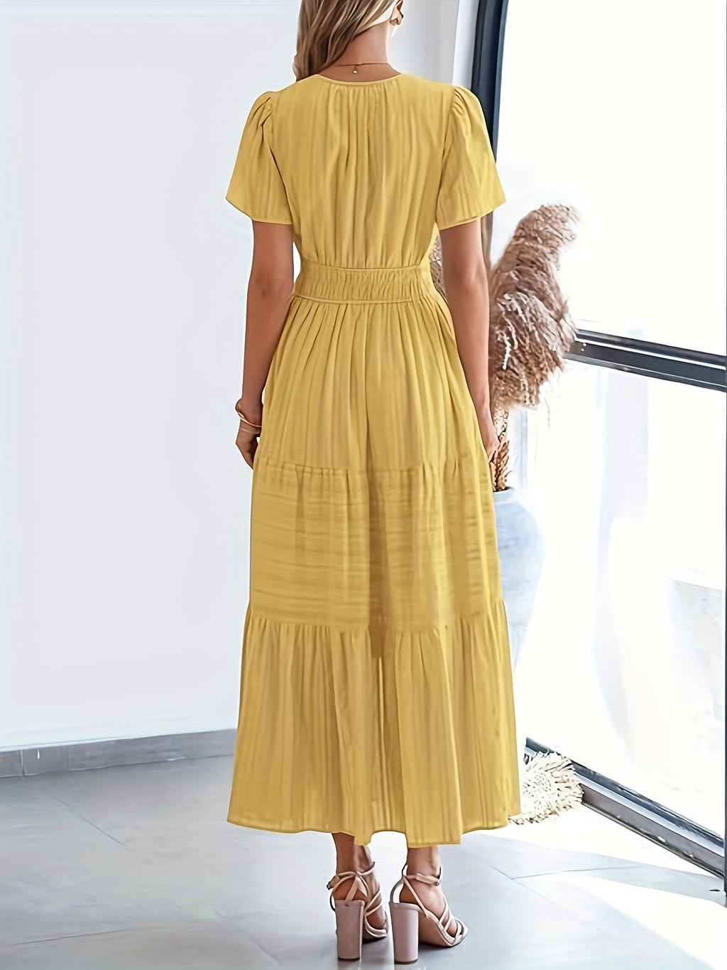 Elegant Navy Blue V-Neck Pleated Maxi Dress for Women - Summer Fashion with Ruffled Hem, Short Sleeves, and Cinched Waist, Polyester Fabric, Machine Washable, Cute Dress