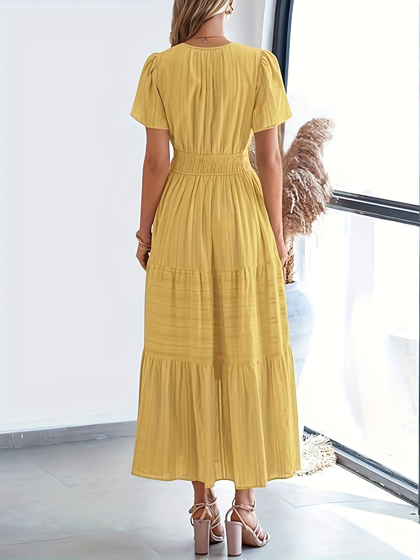 Elegant Navy Blue V-Neck Pleated Maxi Dress for Women - Summer Fashion with Ruffled Hem, Short Sleeves, and Cinched Waist, Polyester Fabric, Machine Washable, Cute Dress