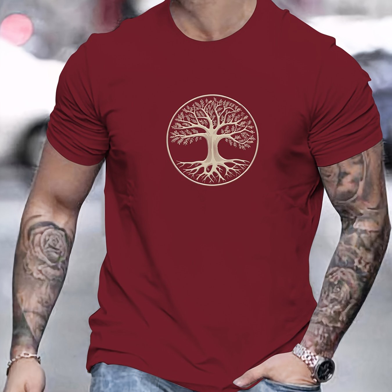Camiseta masculina minimalista com estampa de árvore - preta e dourada, camiseta de verão respirável para uso diário e formal