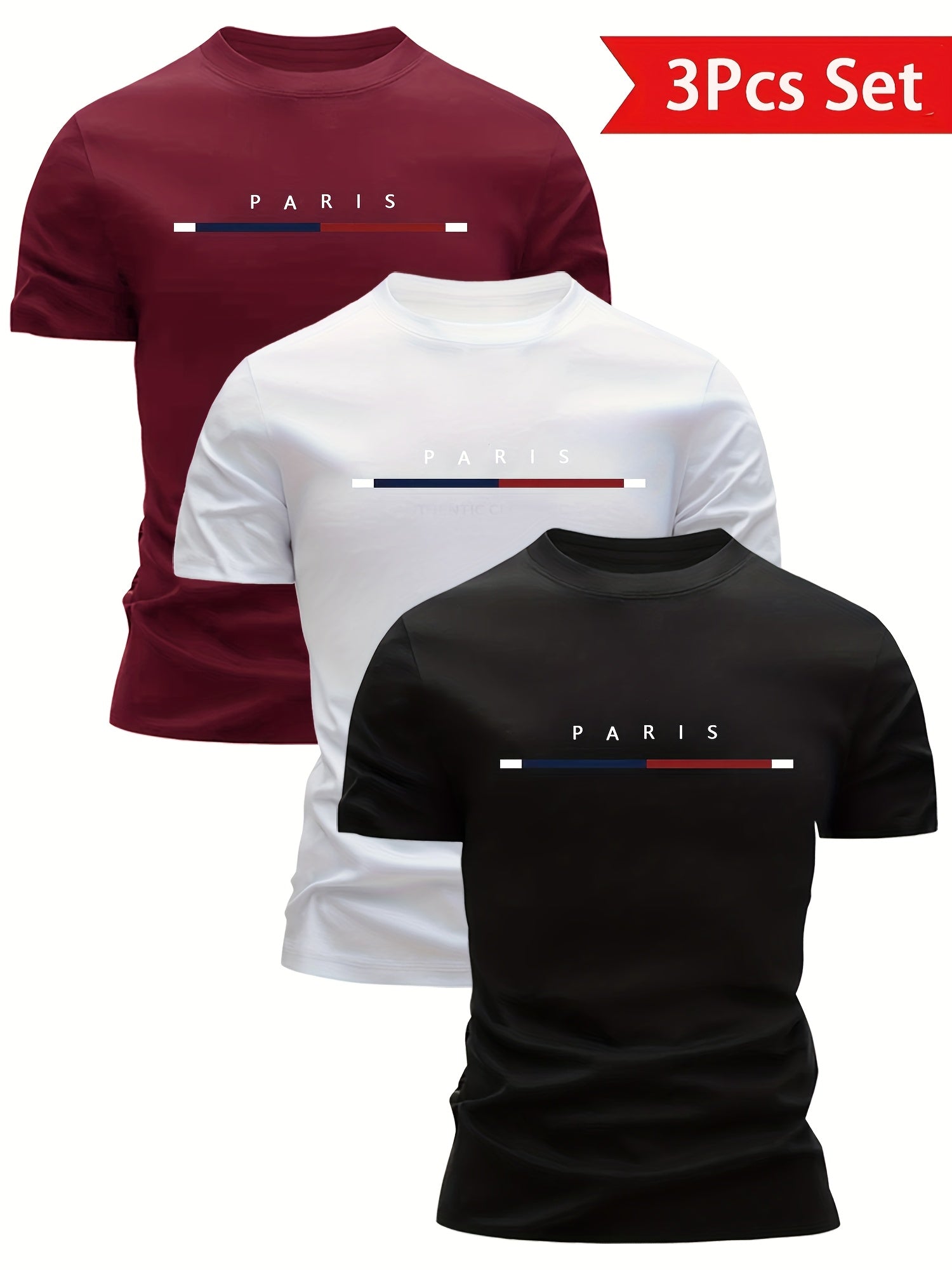 3pcs Mixed Print Tri-Color Stripe Pattern Men's Ultra-Light Short Sleeve T-Shirt - Quick-Dry, Breathable, Sweat-Absorbent Casual Summer Shirt with Crew Neck Design