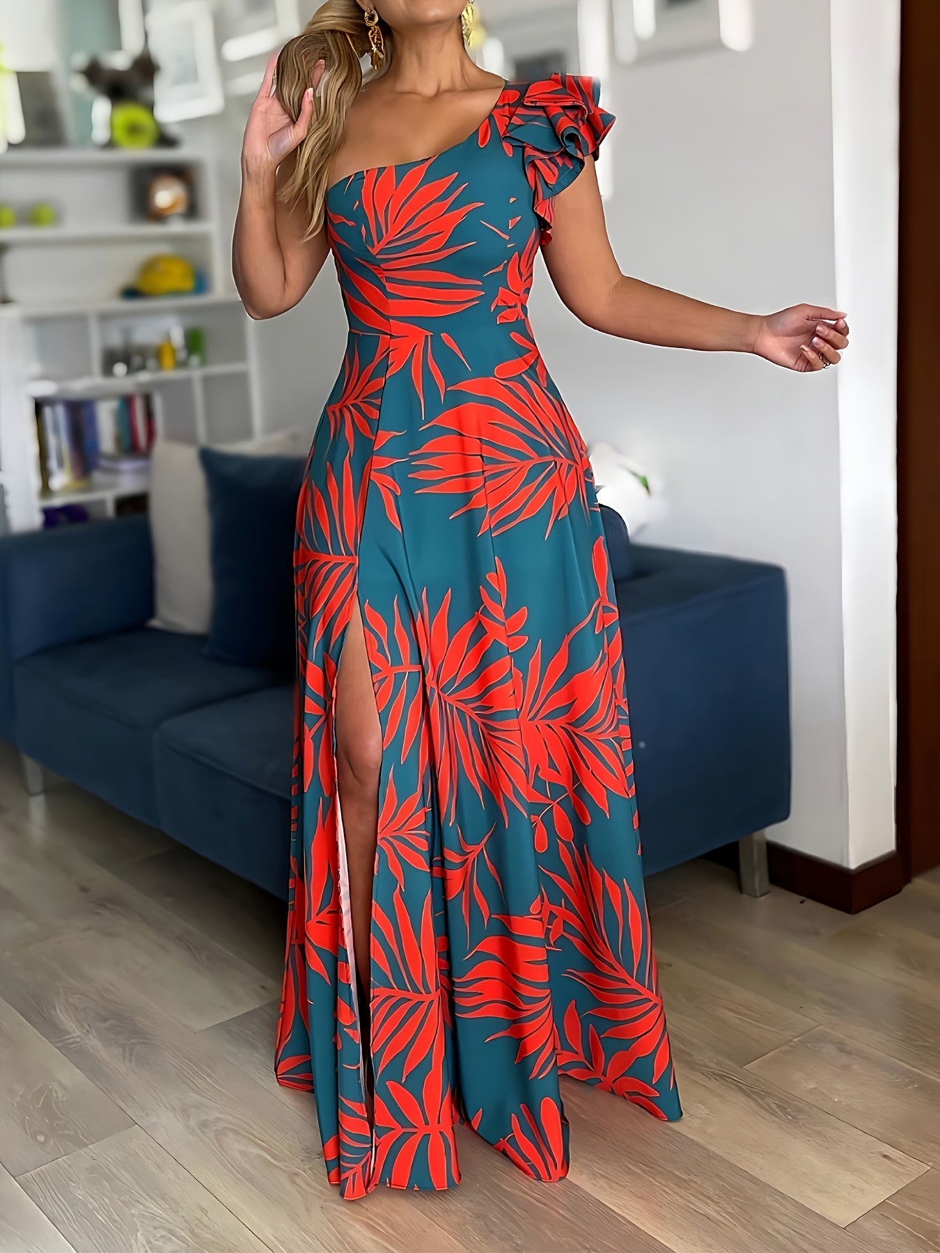 1pc Women'S Tropical Print Maxi Dress, One-Shoulder Ruffle Detail, Polyester A-Line Pendulum Style, Casual Spring/Summer/Fall Wear