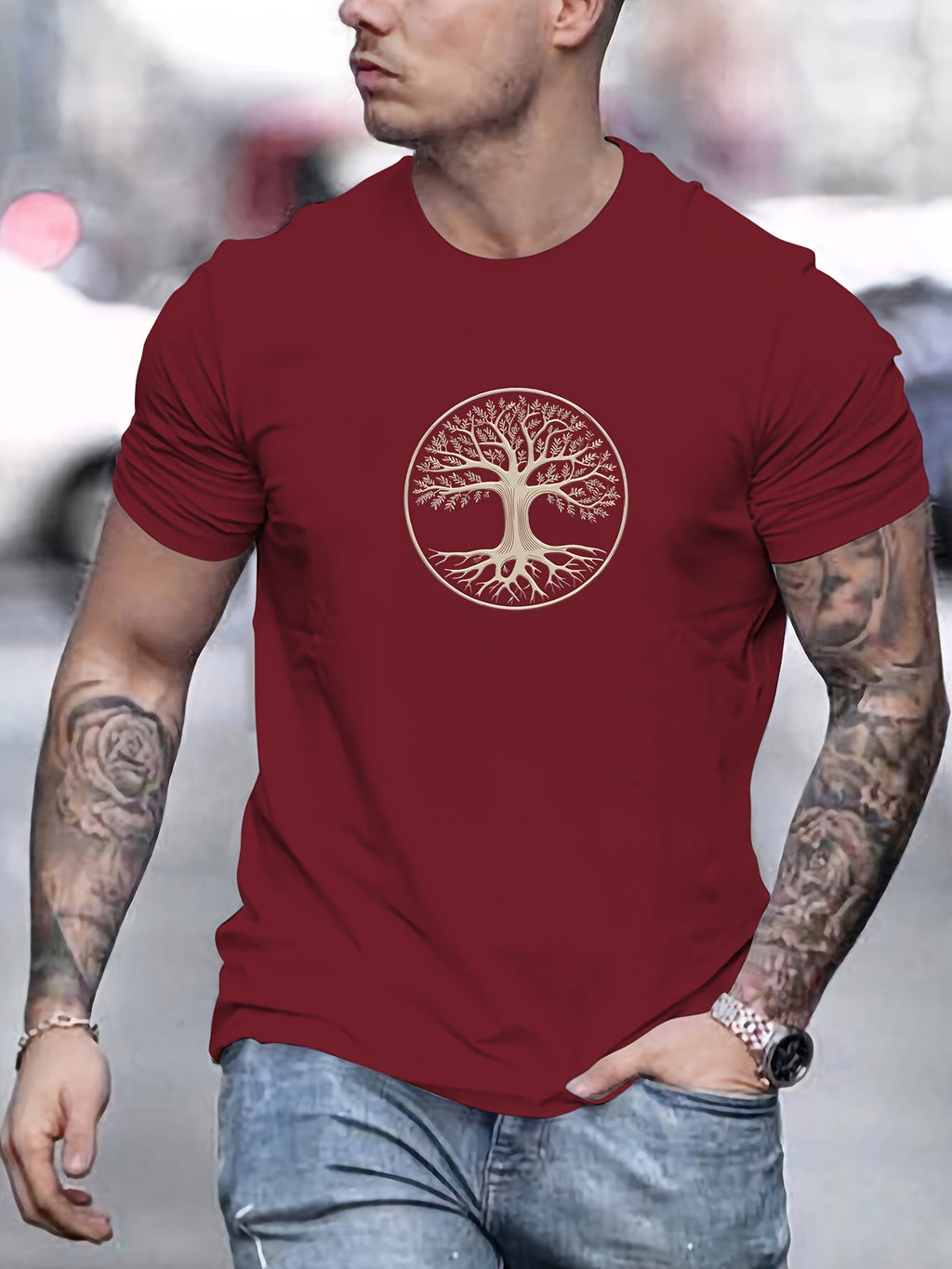 Camiseta masculina minimalista com estampa de árvore - preta e dourada, camiseta de verão respirável para uso diário e formal
