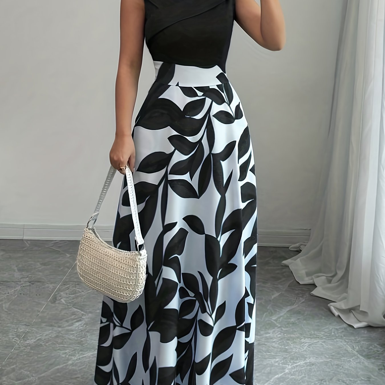 Elegant V-Neck Floral Print A-Line Maxi Dress with Pockets - Green Leaf Pattern, Short Sleeve, Cinched Waist, Flowy Skirt, Perfect for Summer, Casual to Formal Wear, Casual Summer Dress | Vneck Dress | Cinched Waist Design