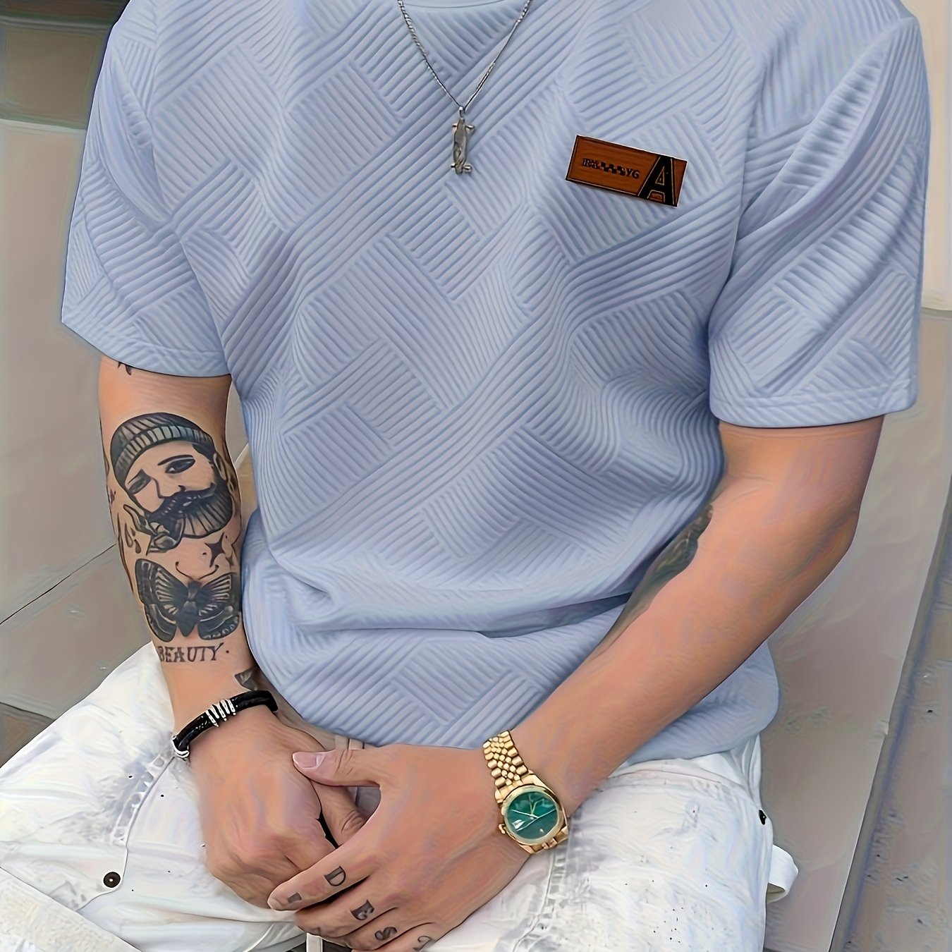 Men'S Casual Beige 3D-Cut Pattern Short Sleeve T-Shirt - 100% Polyester, Lightweight Knit Fabric, Slight Stretch, Regular Fit, Crew Neck, Fashion Color Top for Casual Attire, Leisure Clothing | Fashion Color Top | 3D-Cut Desi
