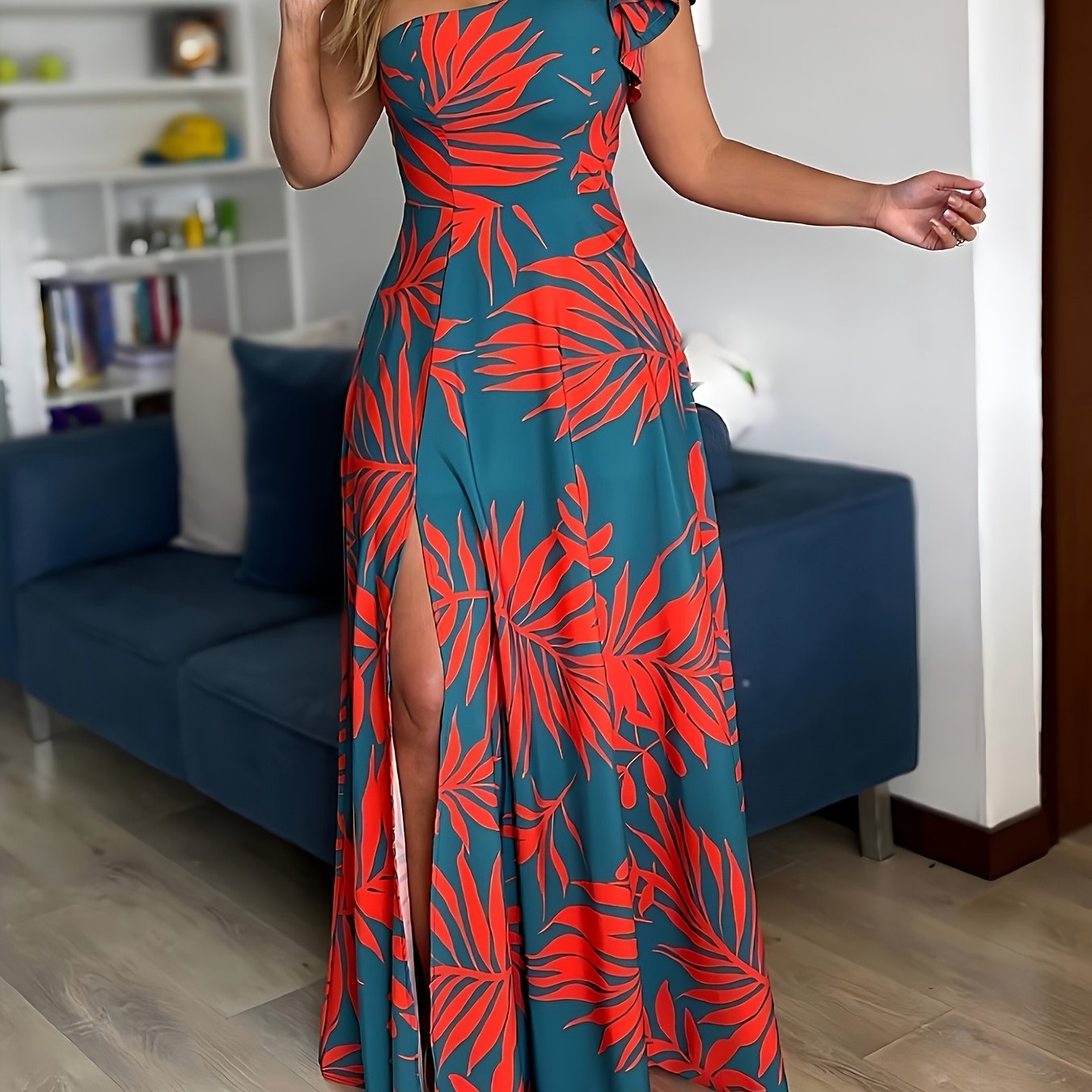 1pc Women'S Tropical Print Maxi Dress, One-Shoulder Ruffle Detail, Polyester A-Line Pendulum Style, Casual Spring/Summer/Fall Wear