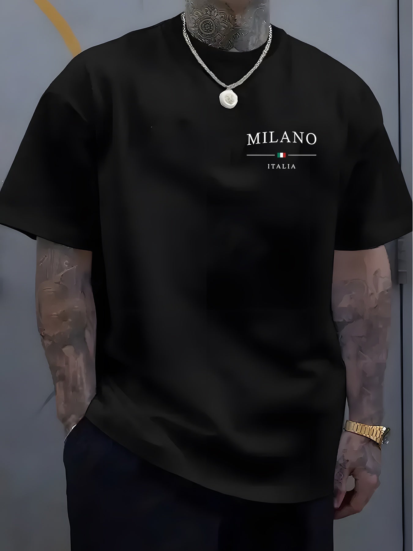 Men's Heavyweight 100% Cotton Crew Neck T-Shirt - Regular Fit Short Sleeve Shirt, Minimalist Milan Italy Lettering Front Print, Breathable Everyday & Formal Wear, Soft Everyday Casual Shirt for Men - Ideal Gift for Birthdays,