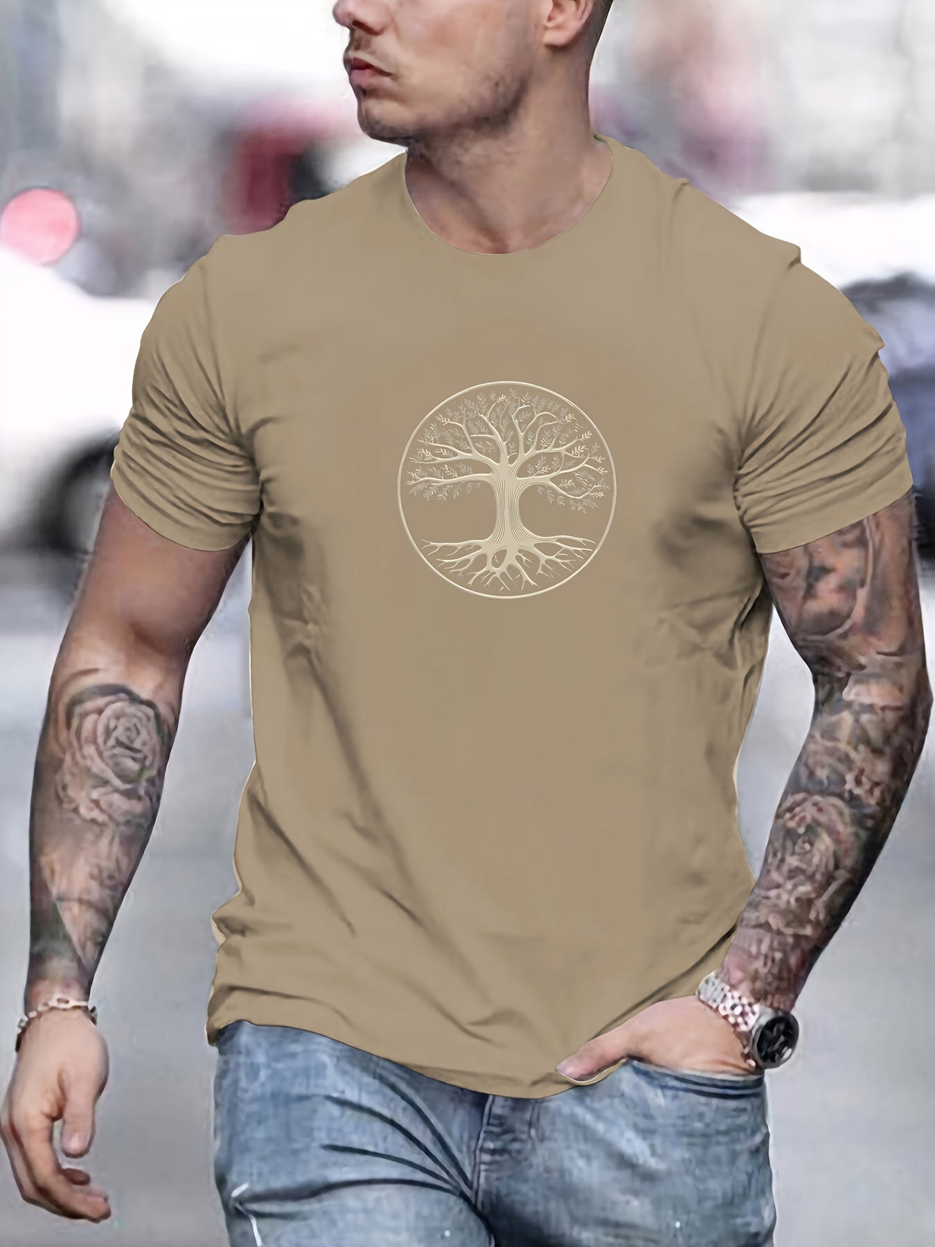 Camiseta masculina minimalista com estampa de árvore - preta e dourada, camiseta de verão respirável para uso diário e formal