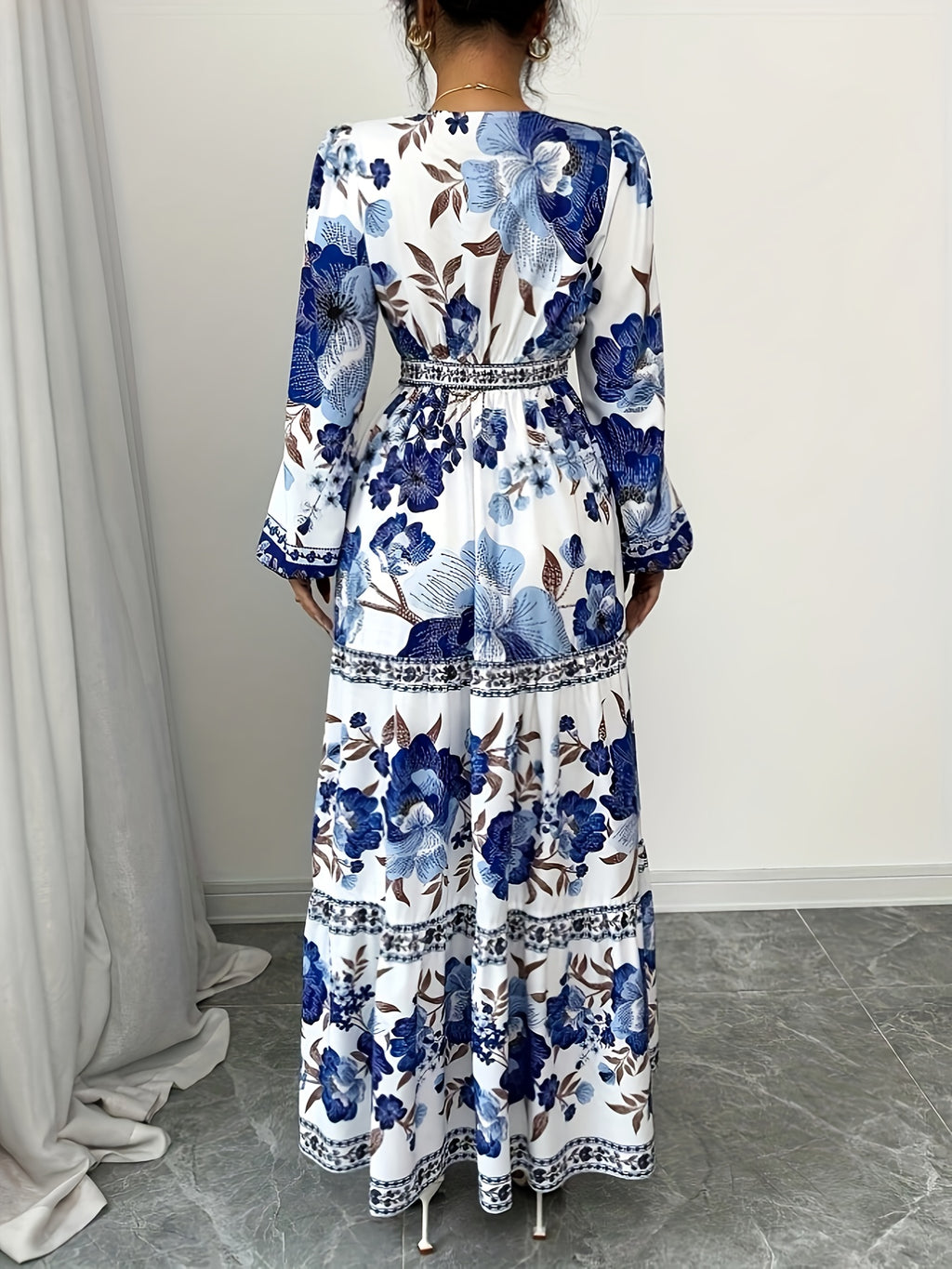 Women's Vacation Casual Floral Allover Print Lantern Sleeve Long Dress m186