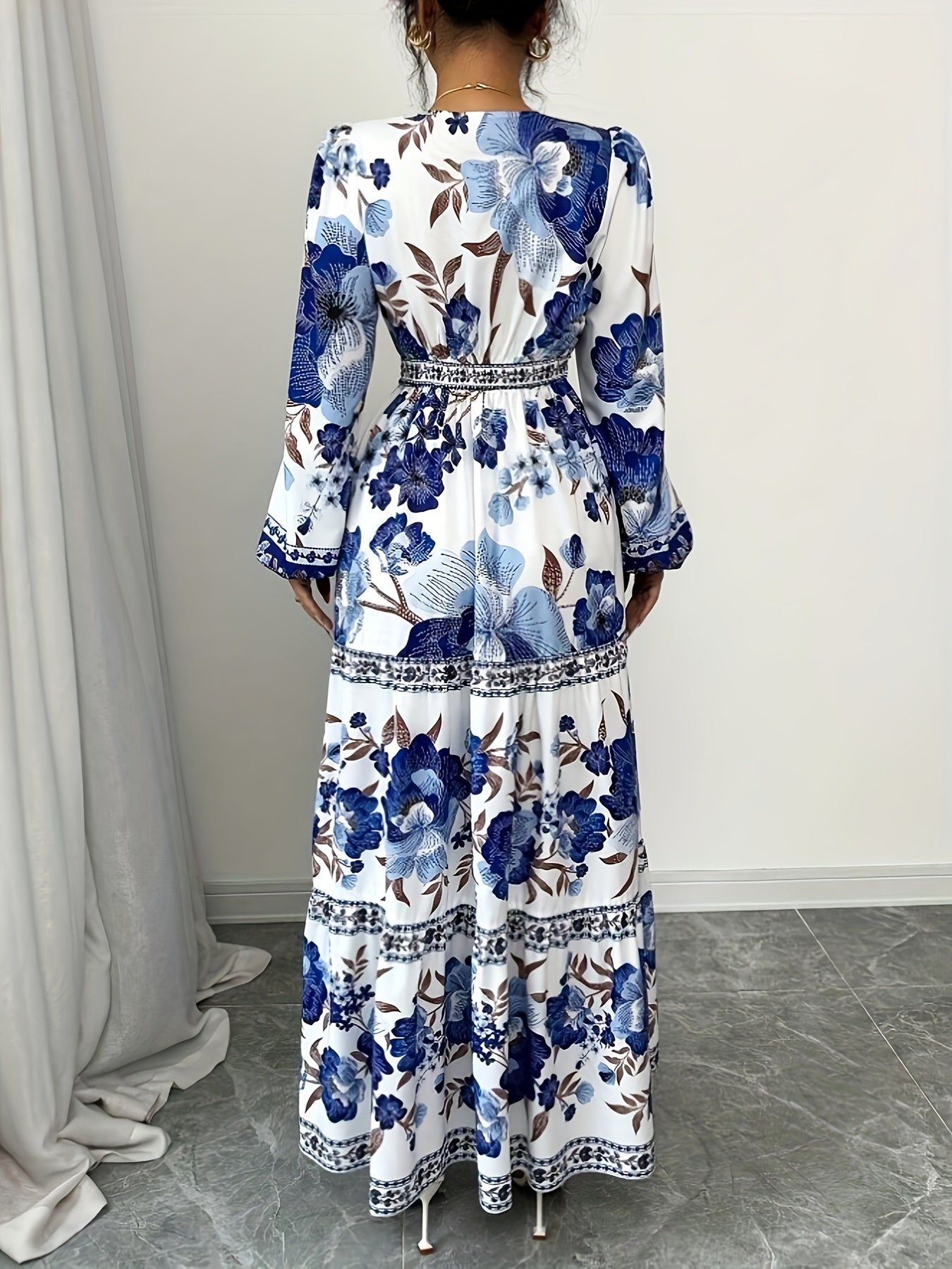 Women's Vacation Casual Floral Allover Print Lantern Sleeve Long Dress m186