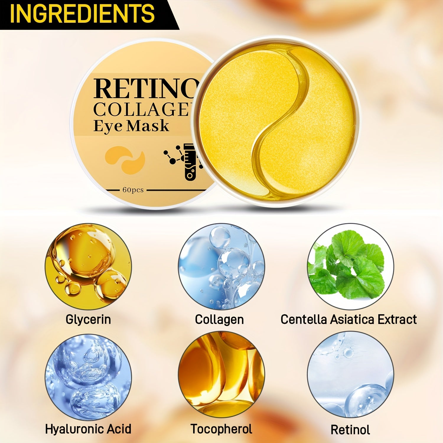 60pcs of Golden retinol and collagen eye masks. They can enhance the eye Light Beige, stretch and firm it, provide super moisturization to the eye Light Beige, and smooth fine lines. They are products all year round, suitable