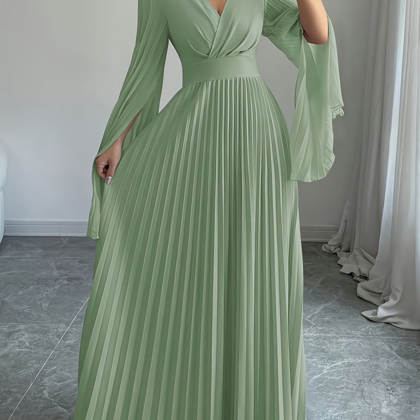 Women's Elegant V-Neck Pleated Open Sleeve Maxi Dress - Fitted Solid Black Machine-Washable Lightweight Spring/Summer Romantic Formal & Casual Outfit