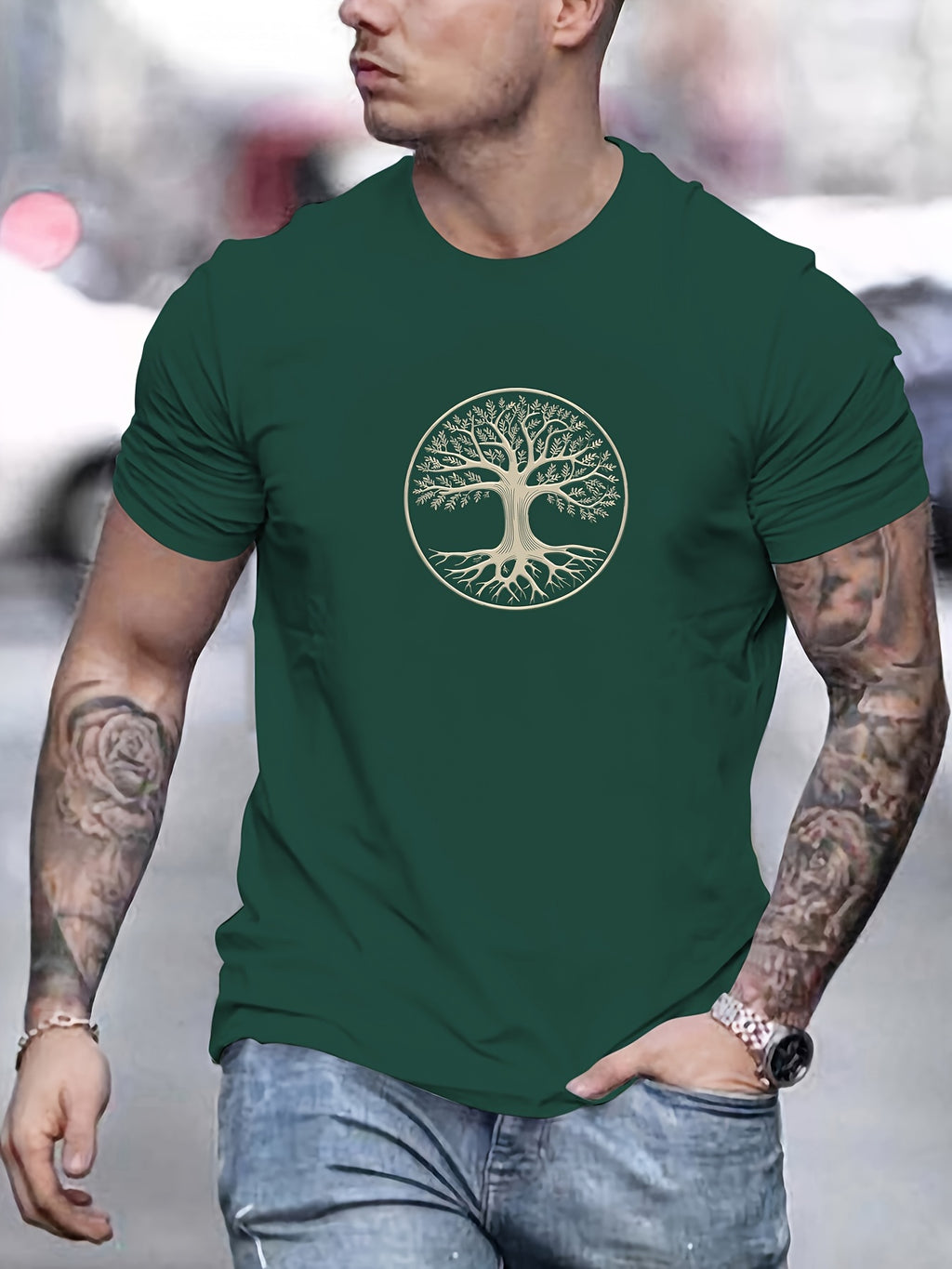 Camiseta masculina minimalista com estampa de árvore - preta e dourada, camiseta de verão respirável para uso diário e formal