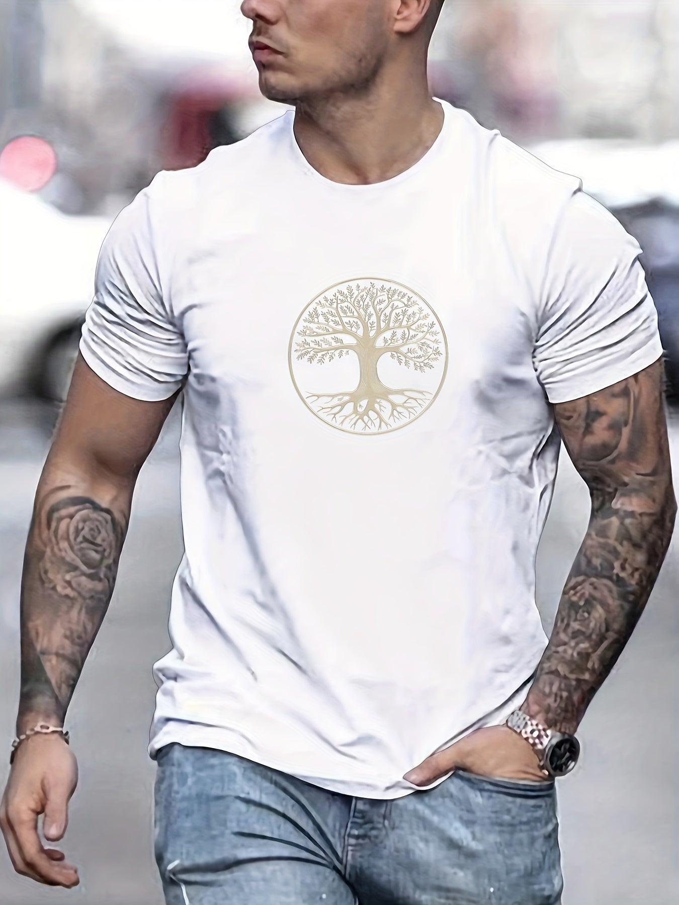 Camiseta masculina minimalista com estampa de árvore - preta e dourada, camiseta de verão respirável para uso diário e formal